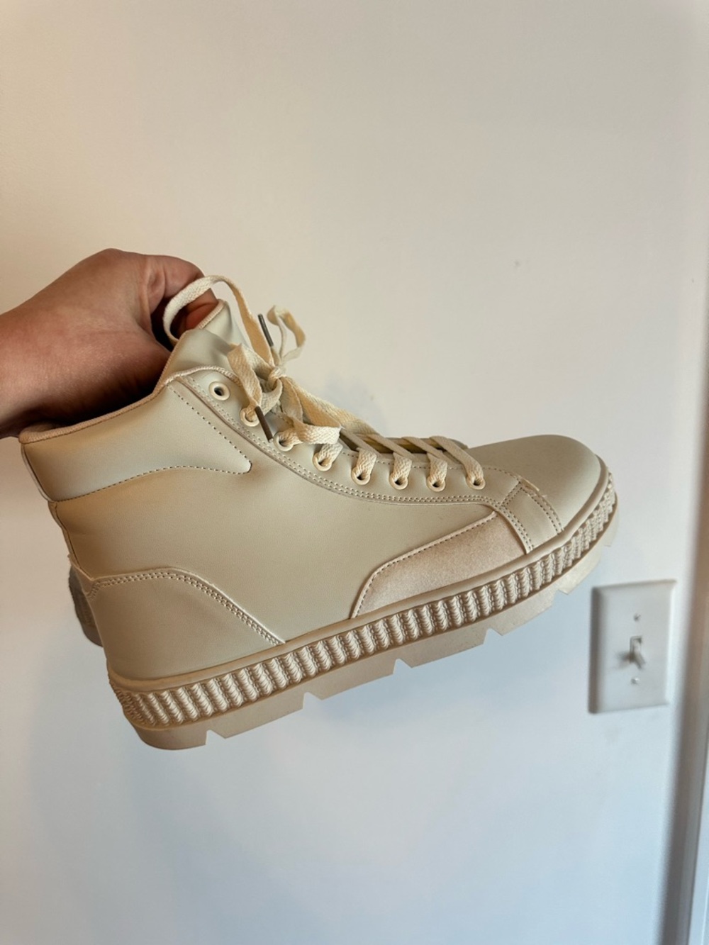 Cream Lace-Up High Top Sneakers - Picture 2 of 9
